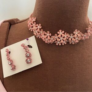 Pink Floral rhinestone Necklace and Earrings Set